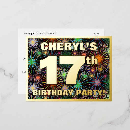 17e verjaardag: Vette, kleurrijke Fireworks-look Folie Uitnodiging Briefkaart (Voorkant / Achterkant)