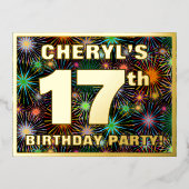 17e verjaardag: Vette, kleurrijke Fireworks-look Folie Uitnodiging Briefkaart (Voorkant)