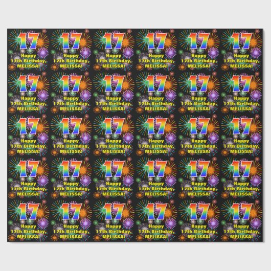 17e verjaardag: vuurwerk, regenboogblik # "17" cadeaupapier (Vlak)