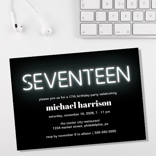 17e verjaardag White Neon Lights Party Kaart