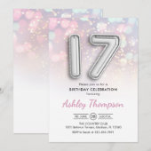 17e Verjaardag - Zilveren Ballonnen Roze Lichten Kaart (Voorkant / Achterkant)
