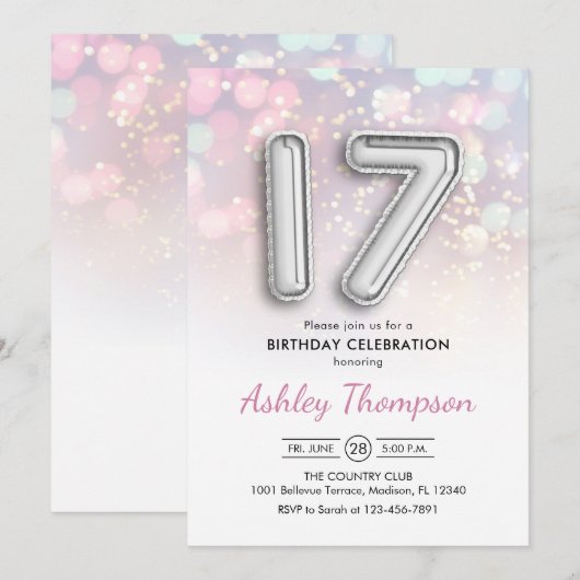 17e Verjaardag - Zilveren Ballonnen Roze Lichten Kaart (Voorkant / Achterkant)