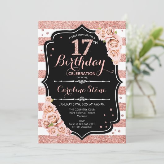 17e Verjaardag Zwart Roos Goud en Witte Strepen Kaart (Staand voorkant)
