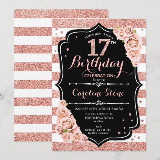 17e Verjaardag Zwart Roos Goud en Witte Strepen Kaart (Voorkant / Achterkant)