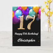 17e verjaardag zwarte en goudkleurige ballonnen kaart (Gele Bloem)