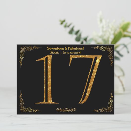 17e Verjaardagsfeest, Gatsby styl, zwart goud glit Kaart (Staand voorkant)