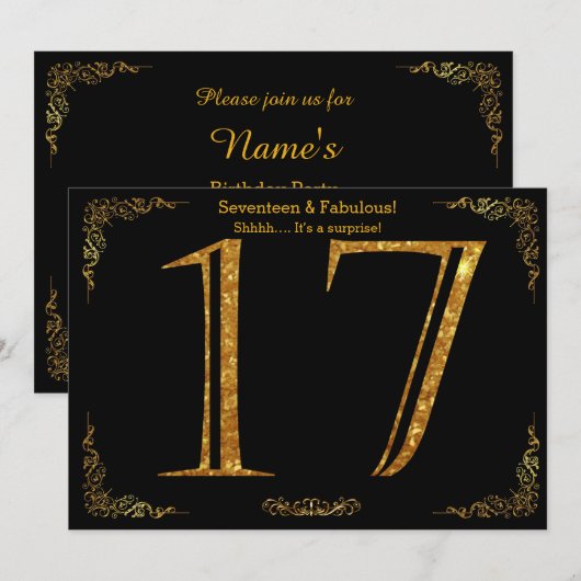 17e Verjaardagsfeest, Gatsby styl, zwart goud glit Kaart (Voorkant / Achterkant)