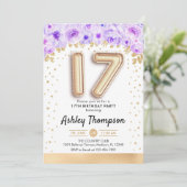 17e Verjaardagsfeest - Gouden ballonnen Paarse Kaart (Staand voorkant)