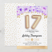 17e Verjaardagsfeest - Gouden ballonnen Paarse Kaart (Voorkant / Achterkant)