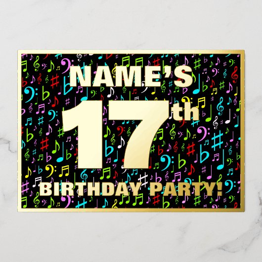 17e Verjaardagsfeest — Leuke, Kleurrijke Muziek Sy Folie Uitnodiging (Voorkant)