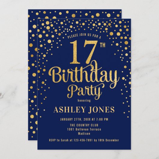 17e Verjaardagsfeest - Navy & Gold Kaart (Voorkant / Achterkant)