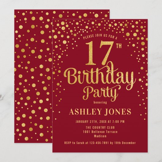 17e Verjaardagsfeest - Rood & Goud Kaart (Voorkant / Achterkant)