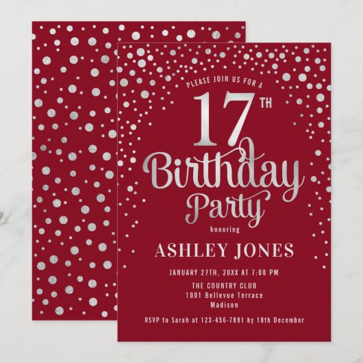 17e Verjaardagsfeest - Rood & Zilver Kaart (Voorkant / Achterkant)