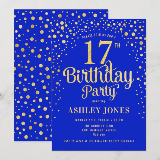 17e Verjaardagsfeest - Royal Blue & Gold Kaart (Voorkant / Achterkant)