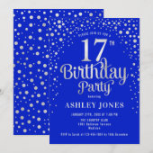 17e Verjaardagsfeest - Royal Blue & Silver Kaart (Voorkant / Achterkant)