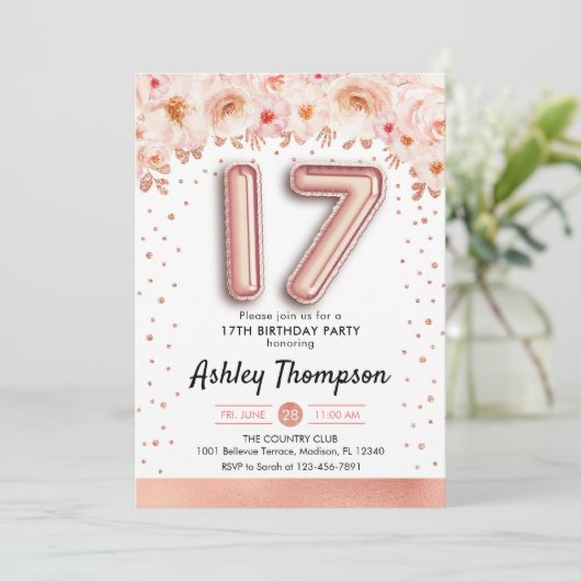 17e Verjaardagsfeest - Rozen goudballonnen Kaart (Staand voorkant)