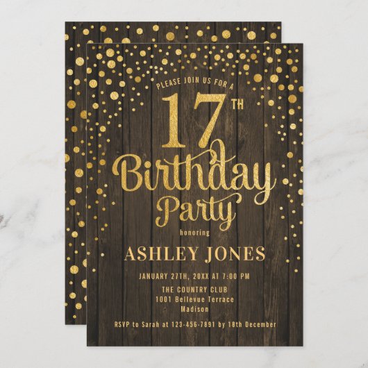 17e Verjaardagsfeest - Rustiek hout en goud Kaart (Voorkant / Achterkant)