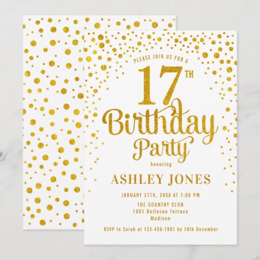 17e Verjaardagsfeest - Wit & Goud Kaart (Voorkant / Achterkant)