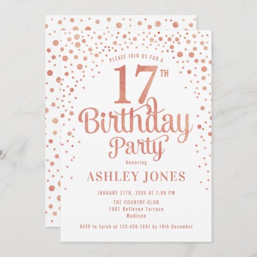 17e Verjaardagsfeest - Wit & Roos Goud Kaart (Voorkant / Achterkant)