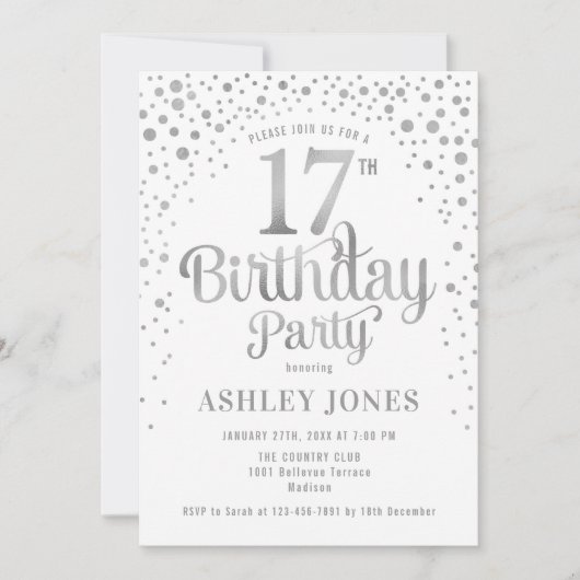 17e Verjaardagsfeest - Wit & Zilver Kaart (Voorkant)