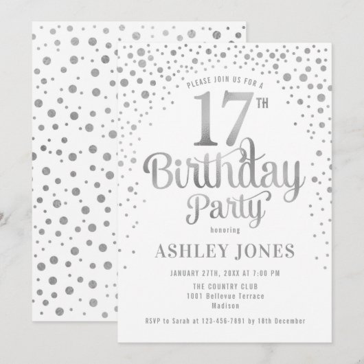 17e Verjaardagsfeest - Wit & Zilver Kaart (Voorkant / Achterkant)