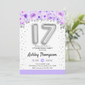 17e Verjaardagsfeest - Zilveren Ballonnen Paarse Kaart (Staand voorkant)