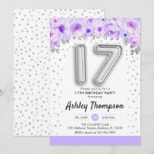 17e Verjaardagsfeest - Zilveren Ballonnen Paarse Kaart (Voorkant / Achterkant)
