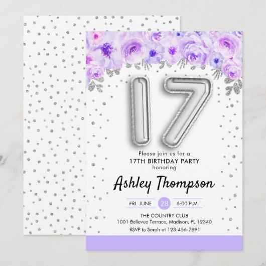 17e Verjaardagsfeest - Zilveren Ballonnen Paarse Kaart (Voorkant / Achterkant)