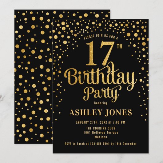 17e verjaardagsfeest - Zwart & Goud Kaart (Voorkant / Achterkant)