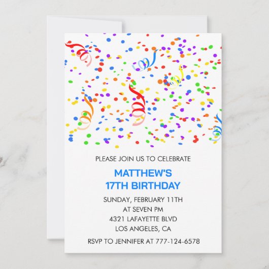 17e verjaardagsuitnodiging Confetti Rainbow Boy Kaart (Voorkant)