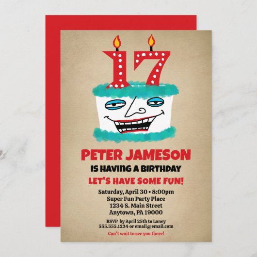 17e Verjaardagsuitnodiging Grappige taart Casual M Kaart (Voorkant / Achterkant)