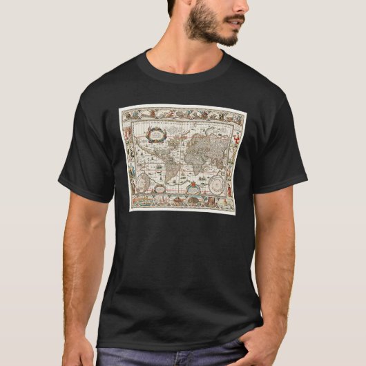 17TH CENTURY ANTIQUE WORLD MAP HISTORY GEOGRAPHY E T-SHIRT (Voorkant)
