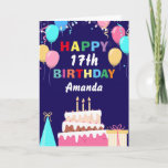 17th Happy Birthday Balloons Cake Navy Blue Kaart<br><div class="desc">17th Happy Birthday Colorful Balloons Navy Blue Black with personalized name. For further customization,  please click the "Customize it" button and use our design tool to modify this template.</div>
