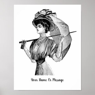 1800s B / W Art Vrouw met paraplu Poster