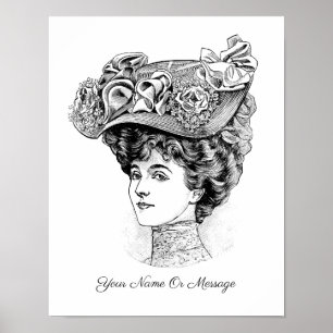 1800s Kunst van een vrouw in een bloemenhoed 2 Poster