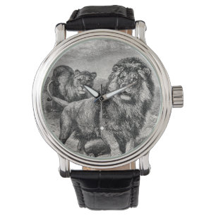  1800s Lion Lionesse Big Cat Illustration Horloge