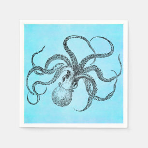  1800s Octopus Blauwgroen Waterverf Blauw Servet