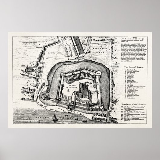  1800s Tower of London Antiek Map England Poster (Voorkant)