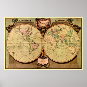 1808 Kapitein Cook's Wereldkaart met twee halve ma Poster