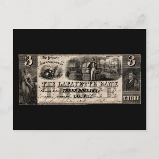 1837 Lafayette Bank Drie dollar Briefkaart (Voorkant)