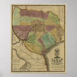1837 Texas Map met Delen van de aangrenzende State Poster