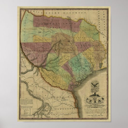 1837 Texas Map met Delen van de aangrenzende State Poster (Voorkant)