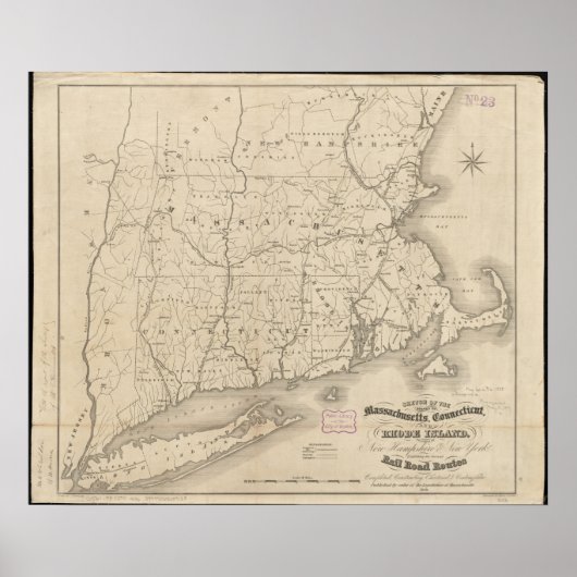 1838 Spoorwegkaart Zuid-New England Poster (Voorkant)