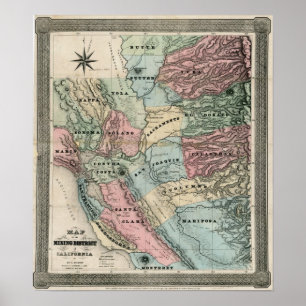 1851 Kaart van het mijnbouwdistrict in Californië Poster
