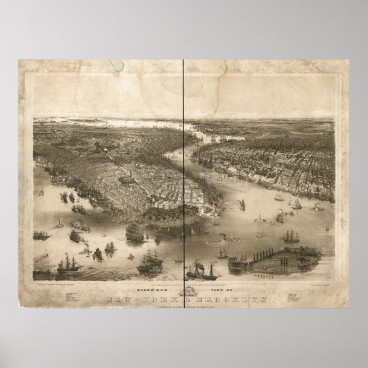 1851 New York & Brooklyn Birds Eye Panoramic Map Poster (Voorkant)