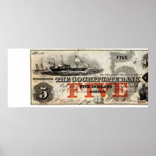 1853 Vijf dollarbiljet voor cochituate Bank Poster (Voorkant)