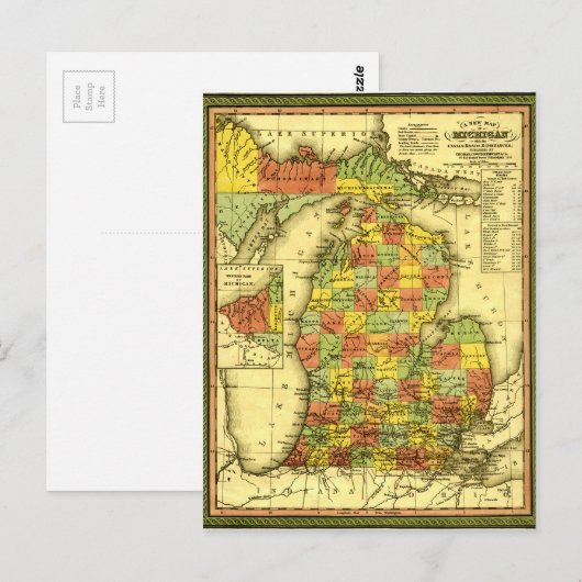 1853 Vivid Map van Michigan Show ware trouw MI Briefkaart (Voorkant / Achterkant)