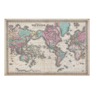 1855 Colton-kaart van de wereld in Mercatorproject Perfect Poster