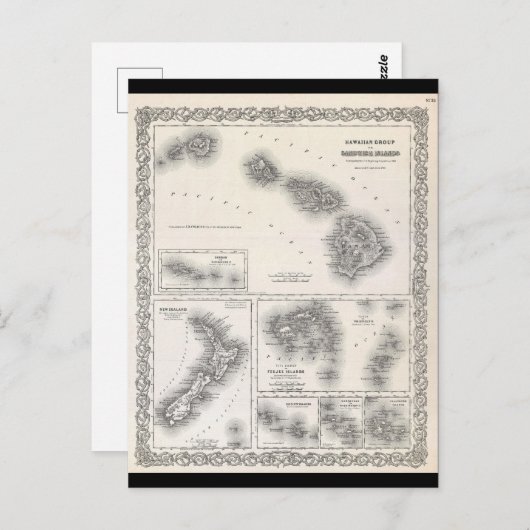 1855 Colton Map of Hawaii and New Zealand Briefkaart (Voorkant / Achterkant)