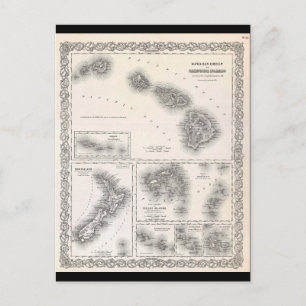 1855 Colton Map of Hawaii and New Zealand Briefkaart